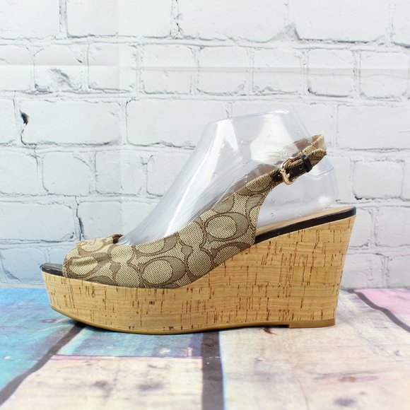 Coach Shoes - COACH Peep Toe Signature Ferry Wedge Heel Size 8 B